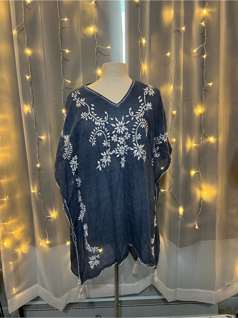 Dolma Navy Blue Embroidered Tunic with White Floral Detail OS